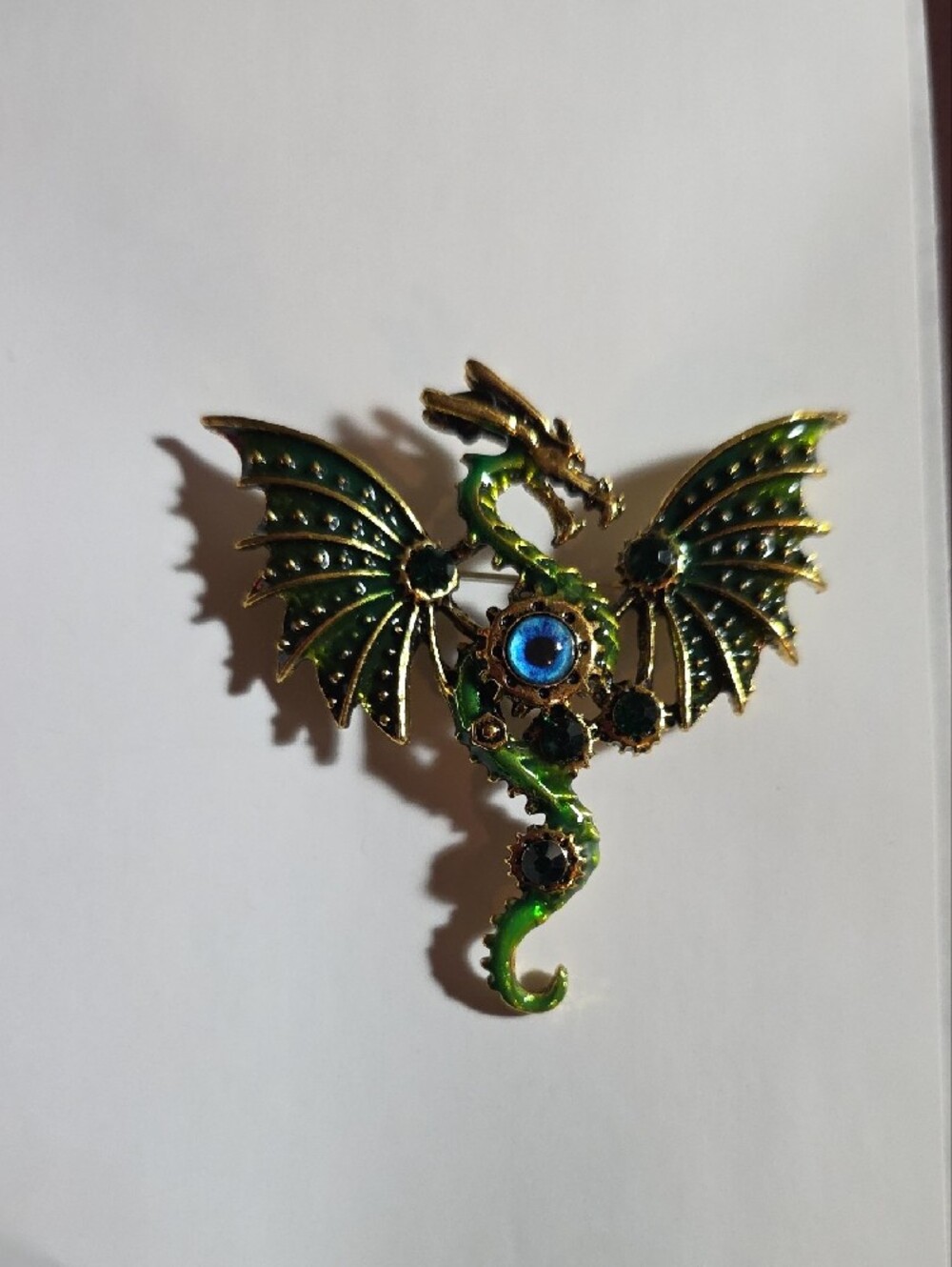 Gold Tone Green Dragon Wing Brooch New